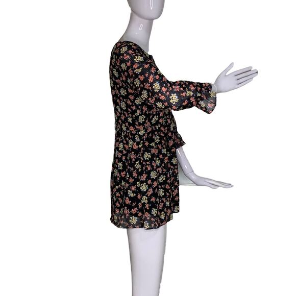 Free People Chiffon Baby Doll Dress Floral 3/4 Sleeve Size 0 Black and R… - Picture 8 of 14